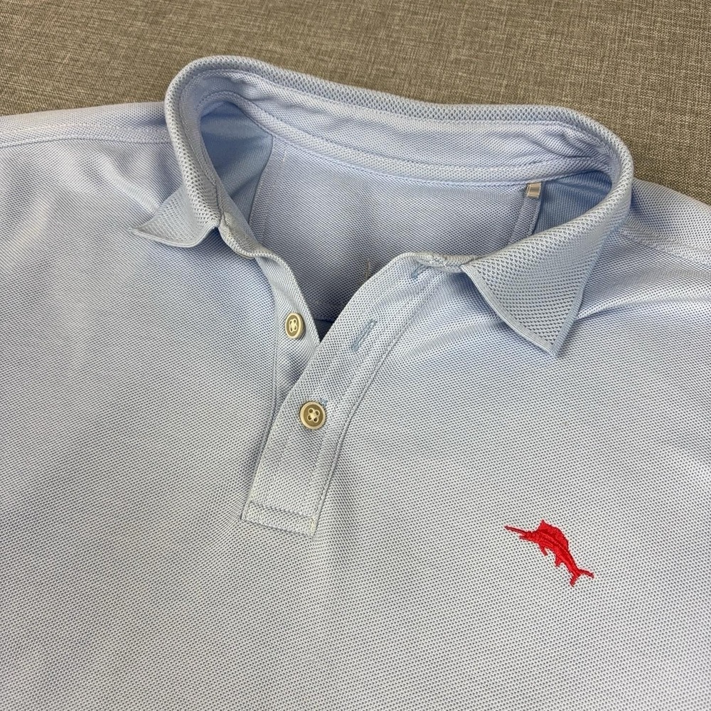 Tommy Bahama Polo Shirt Mens L Blue Cotton Blend Marlin Logo Golf Short Sleeve